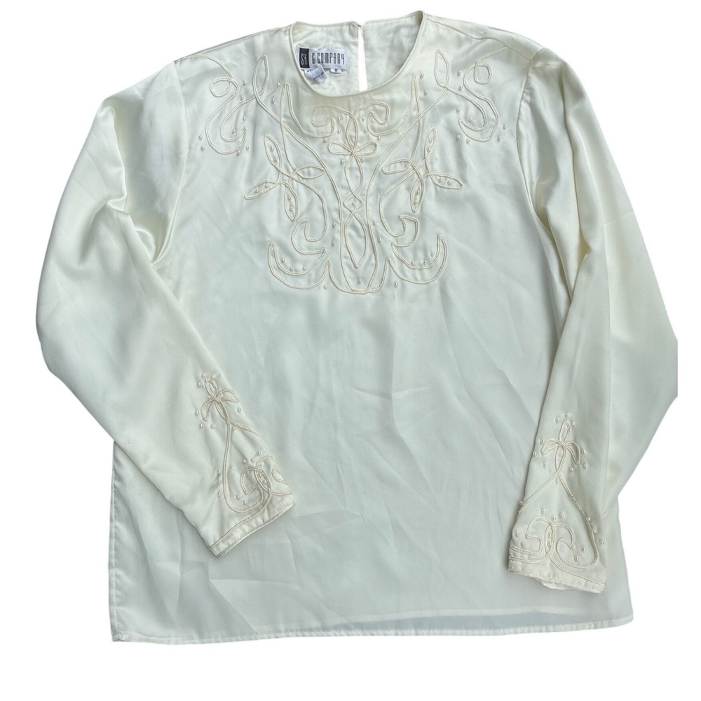 SK Company Vintage Blouse Womens Sz 8‎ Ivory Embroidered Pearl Detail wedding